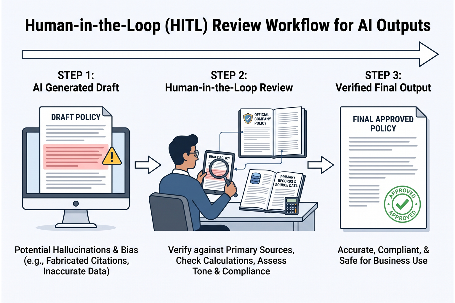 Diagram depicting a Human-in-the-Loop review process verifying an AI output against primary source records.