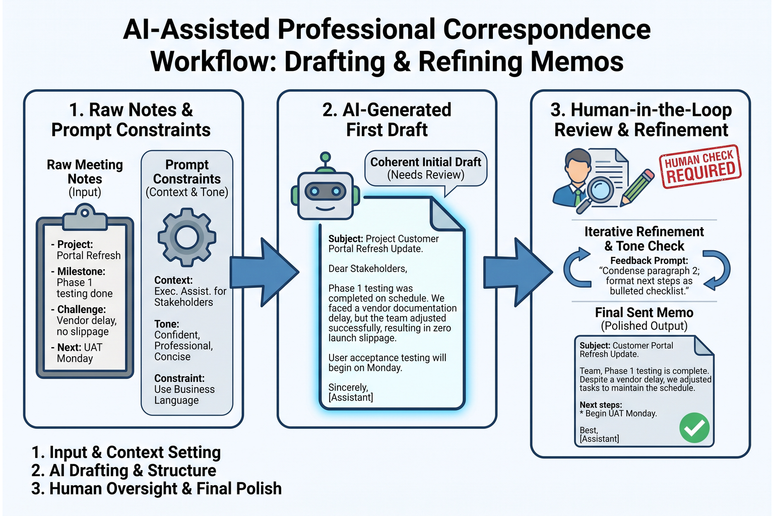 A clear workflow diagram showing rough notes leading into an AI prompt box, followed by an AI draft, human review checkpoint, and a finalized business memo.