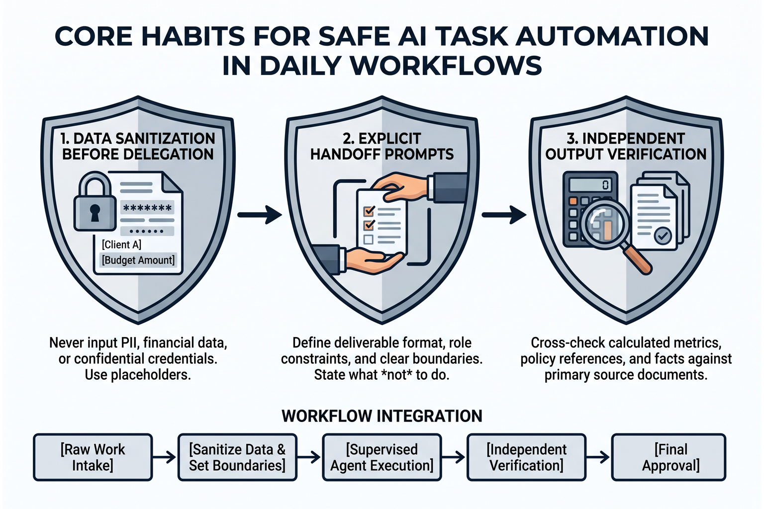 Infographic showing the three core habits of safe workplace AI integration: data sanitization, explicit handoffs, and independent verification.